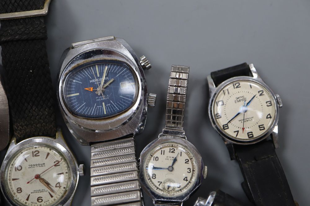 Ten assorted gentlemans wrist watches including Memostar Alarm, Cyma and Corvette.
